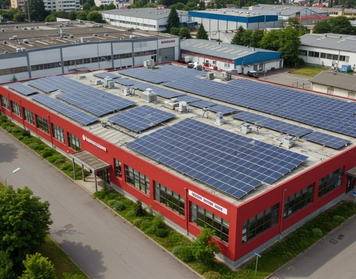 Commercial buildings with red and white exteriors, all topped with expansive solar panel arrays, surrounded by greenery.