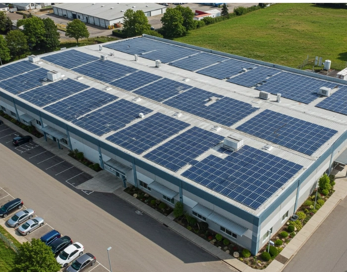Large blue-roofed commercial facility with uniformly installed solar panels, located in an industrial park area.