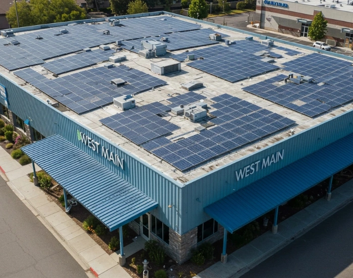 Warehouse labeled "WEST KAM" with solar panels covering the entire roof, photographed from above.