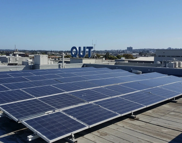 Rooftop solar installation on a commercial building with a visible “OUT” sign in the background under a clear sky.